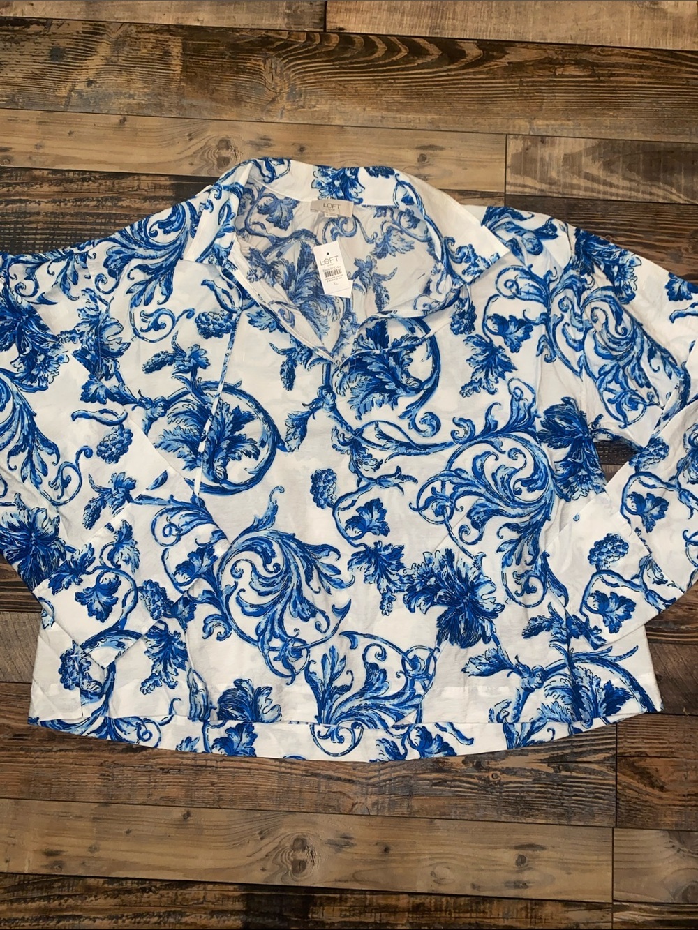 NWT LOFT White Blouse with Blue Floral Scroll Print